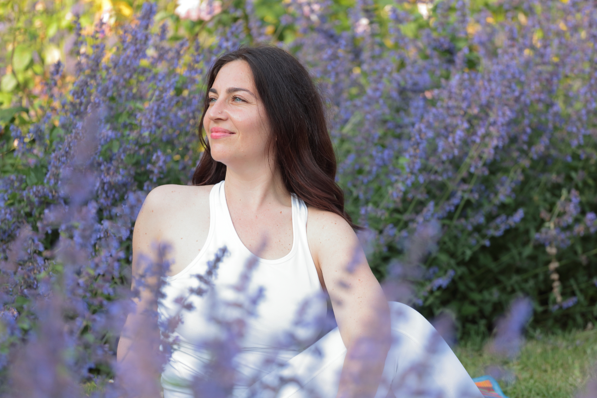 Woman practicing in a lavender garden